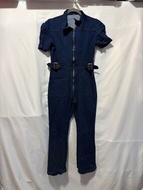 Navy Short-Sleeve Zip-Front Denim Jumpsuit